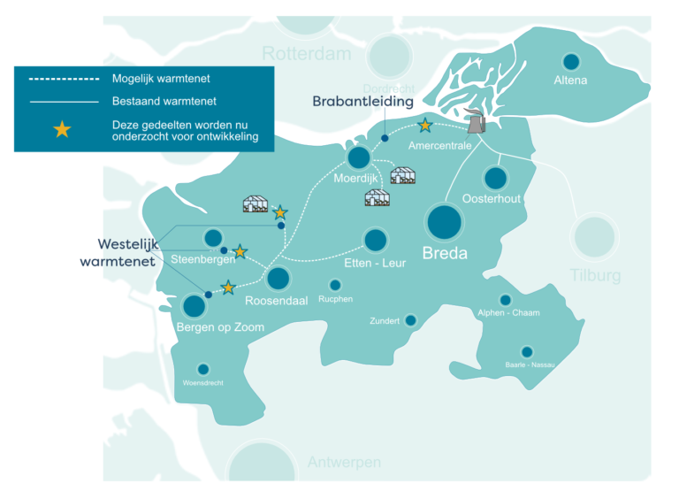 Kaart van West-Brabant waarop warmtenetten ingetekend zijn.